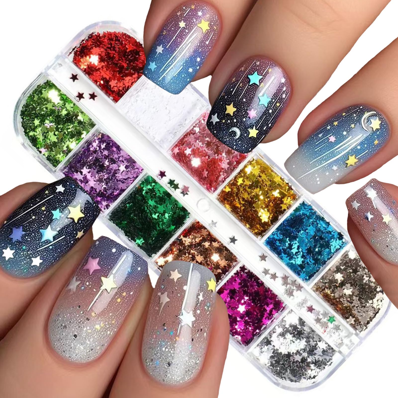 NBNTGH estrellas 3D para uñas, brillo vibrante bajo diferentes luces.