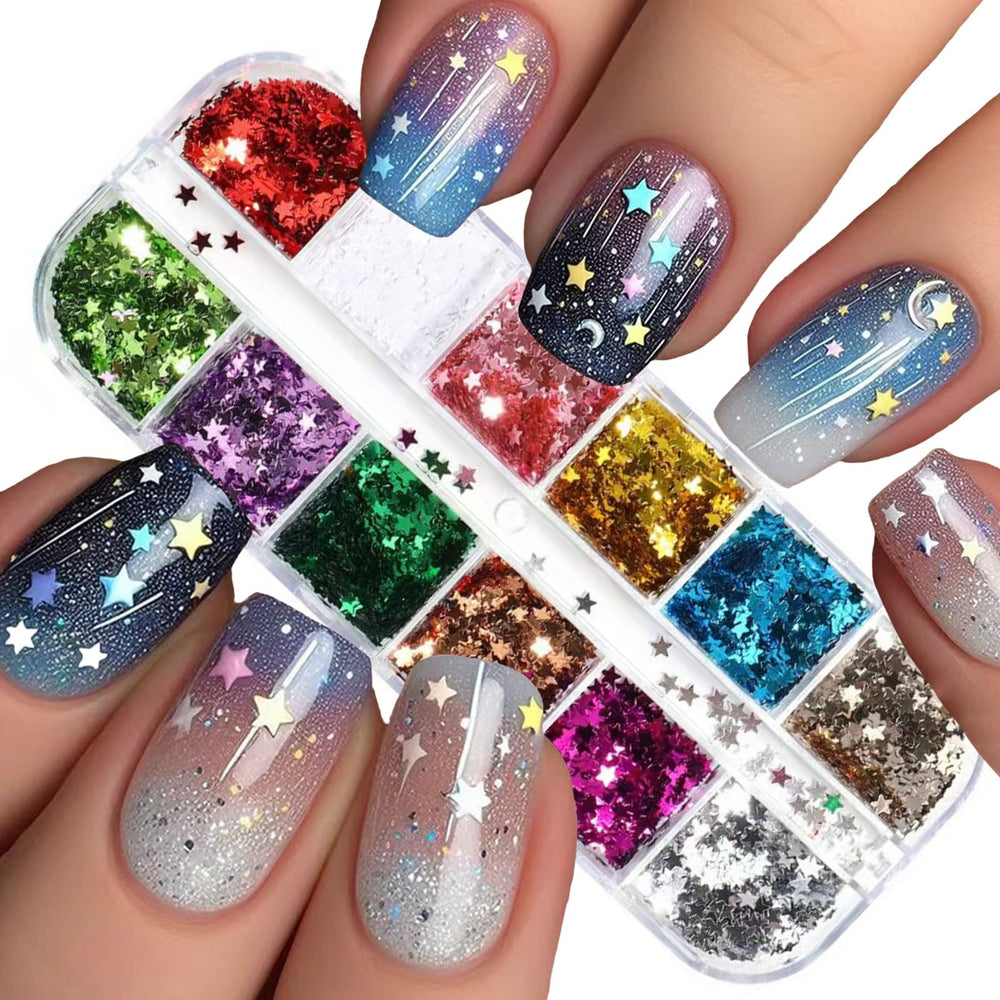 NBNTGH estrellas 3D para uñas, brillo vibrante bajo diferentes luces.