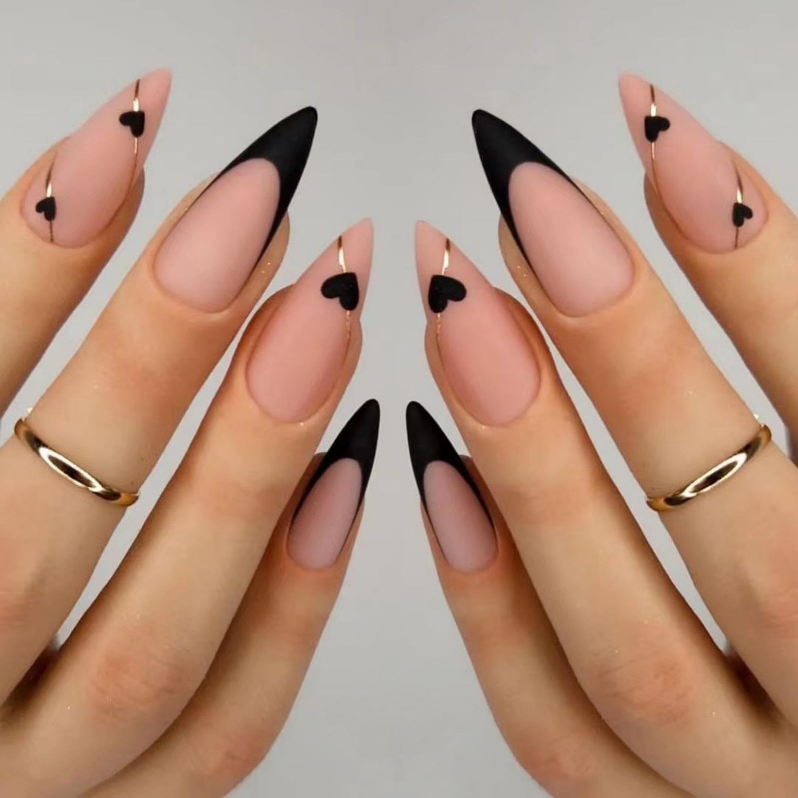 NBNTGH uñas punta francesa negra con borde dorado para un look sofisticado