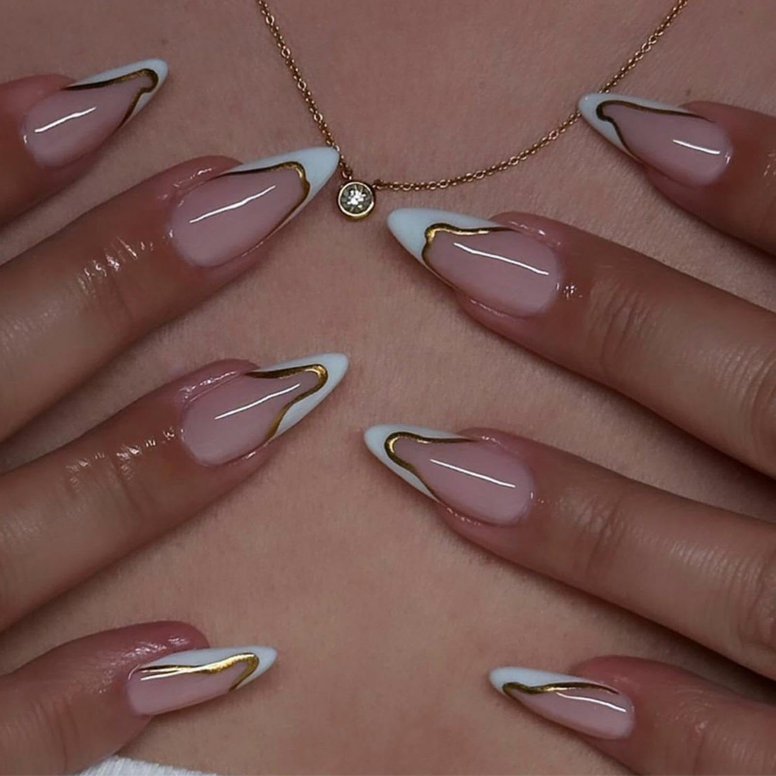 NBNTGH white French tip press-on nails with gold line for a glossy salon finish.