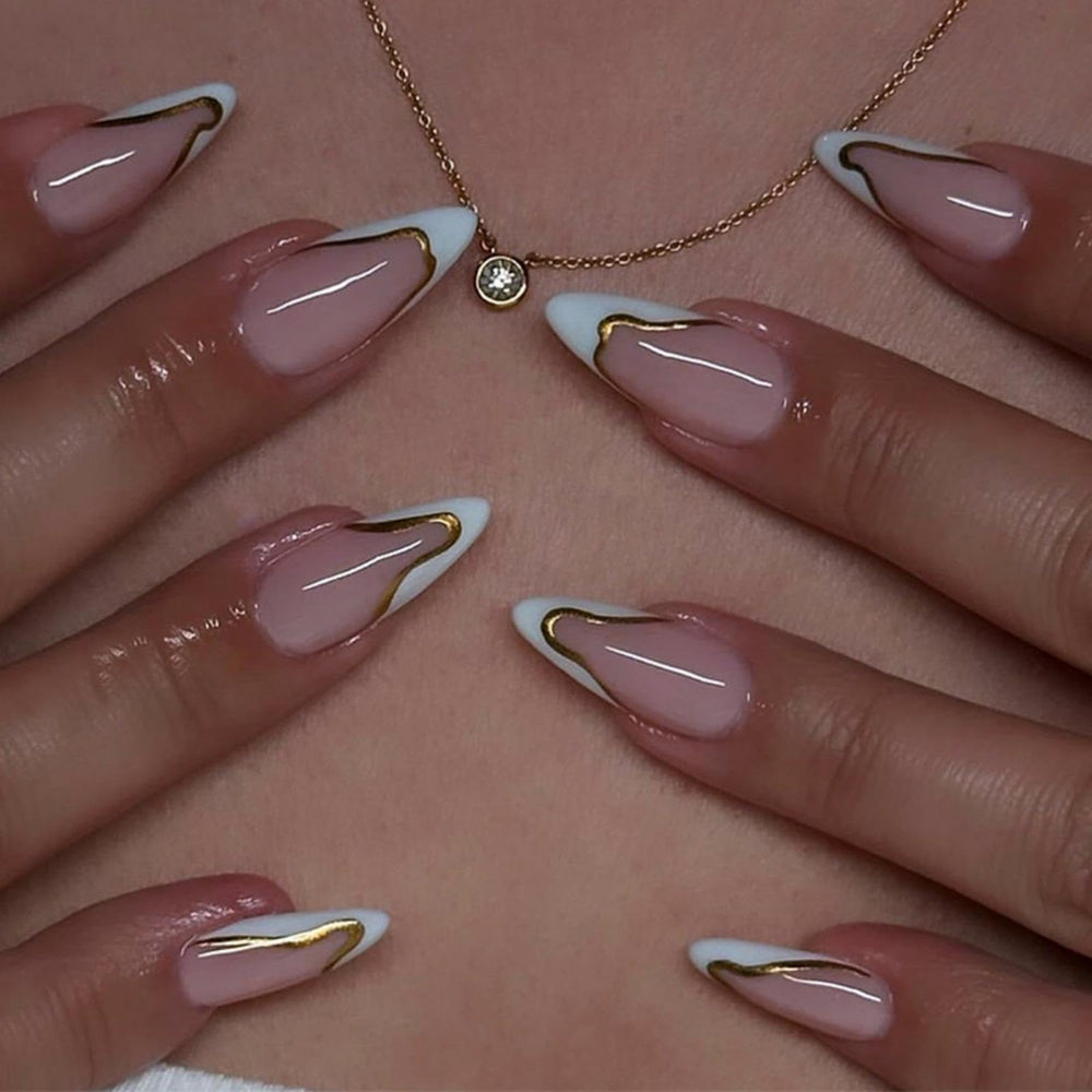 NBNTGH white French tip press-on nails with gold line for a glossy salon finish.