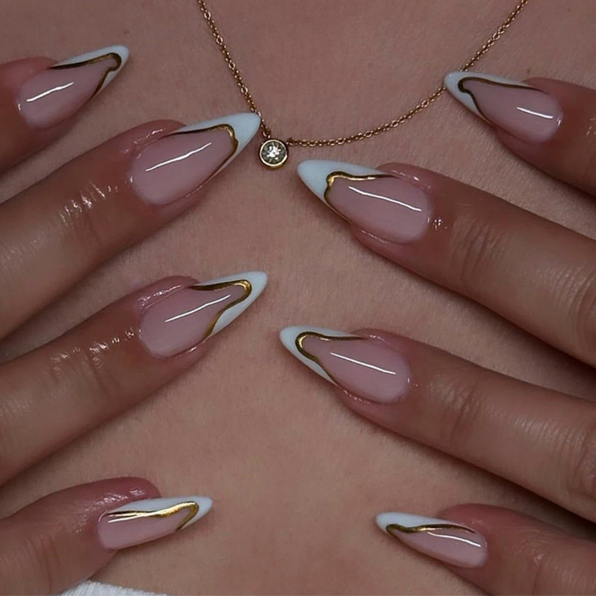 NBNTGH white French tip press-on nails with gold line for a glossy salon finish.