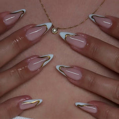 NBNTGH white French tip press-on nails with gold line for a glossy salon finish.