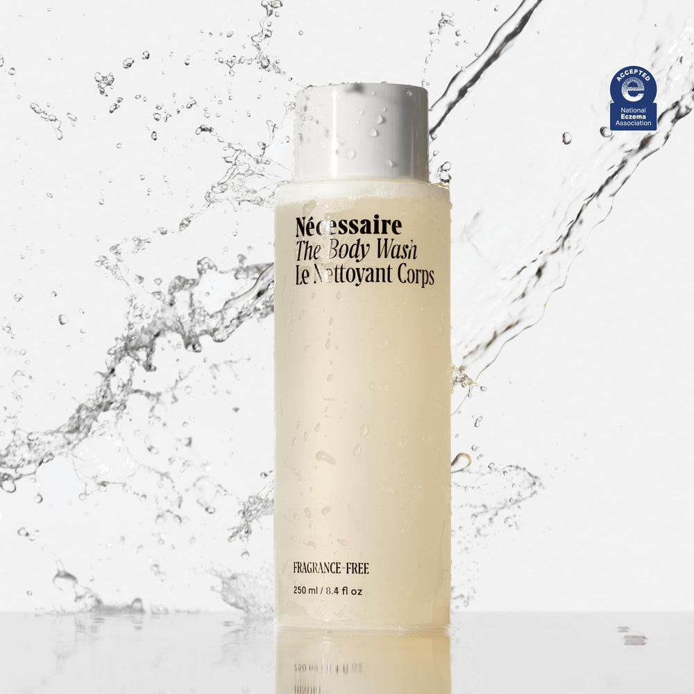 Nécessaire barrier-care ingredients niacinamide and ceramides visible on bottle.