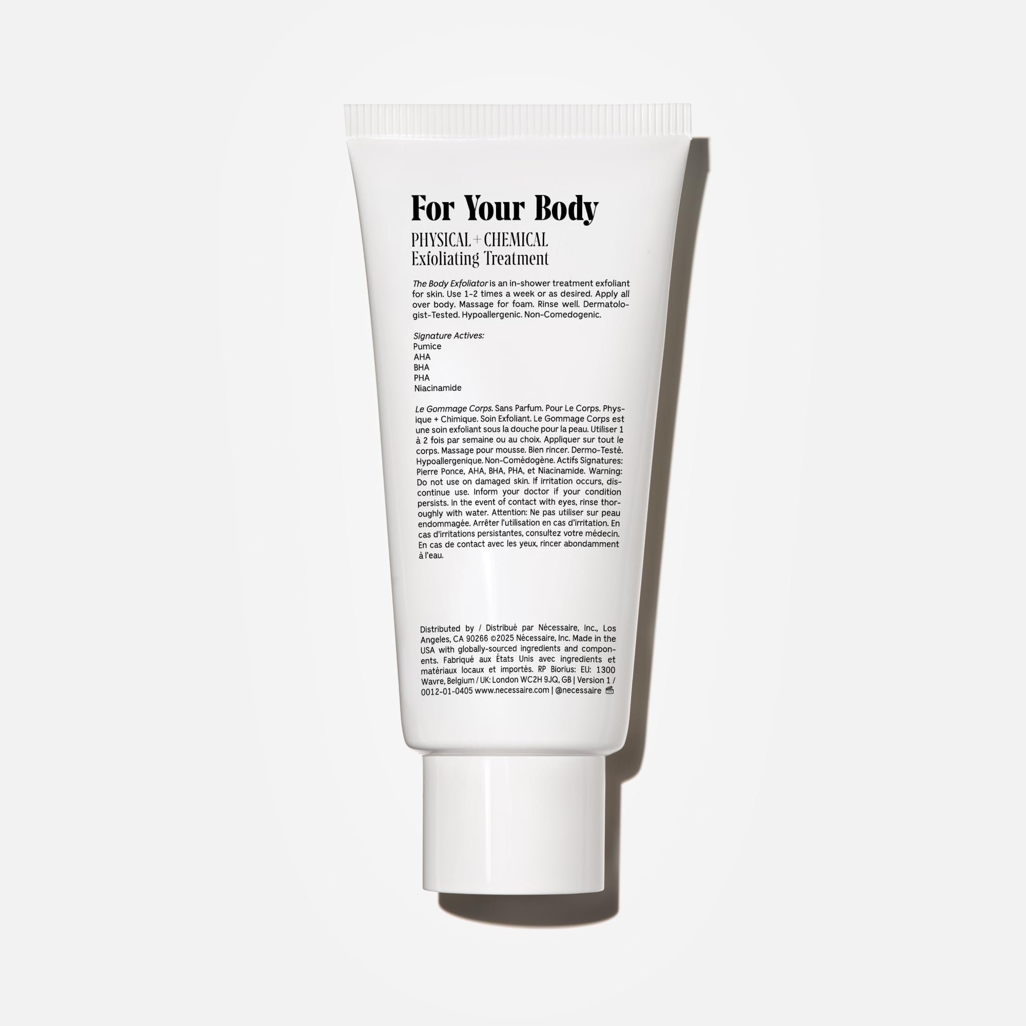 Nécessaire Body Exfoliator demonstrates AHA/BHA/PHA action for texture.