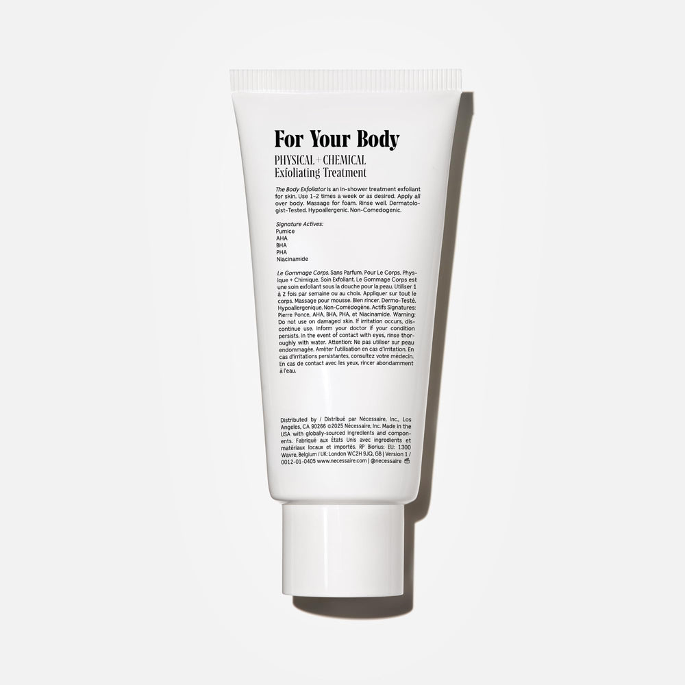 Nécessaire Body Exfoliator demonstrates AHA/BHA/PHA action for texture.