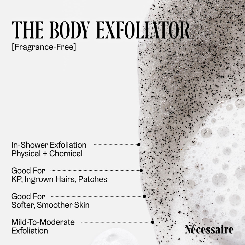 Nécessaire Body Exfoliator bottle shows 180 ml size.