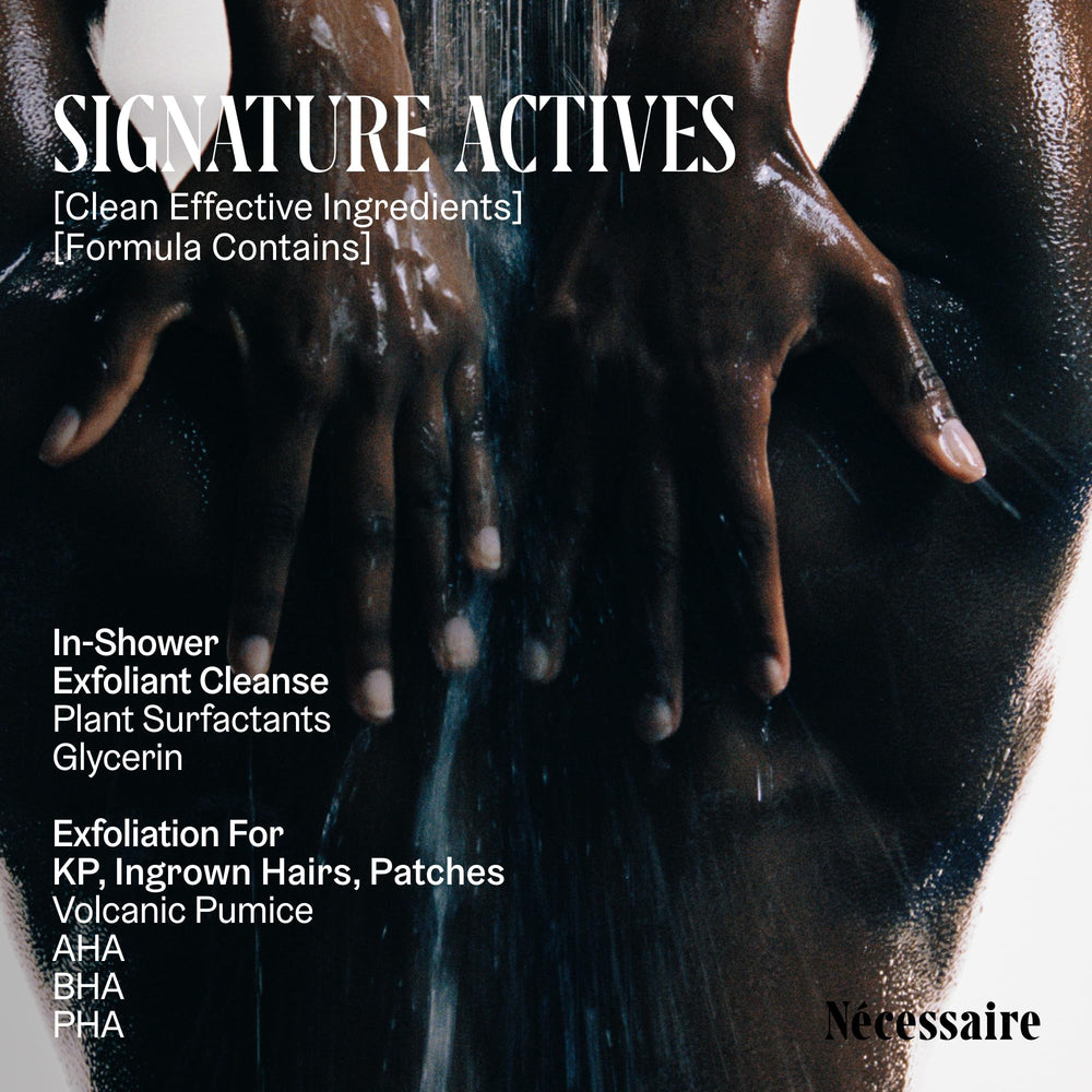 Nécessaire Body Exfoliator dermatologist-tested label.