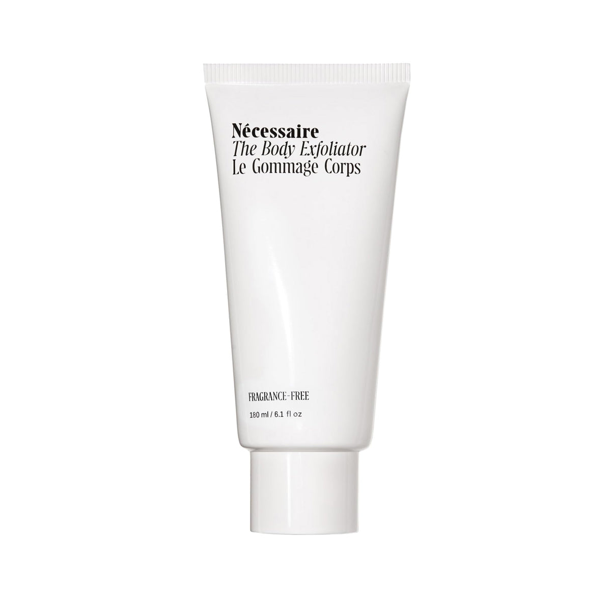 Nécessaire Body Exfoliator close-up shows volcanic pumice for gentle smoothing.