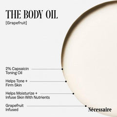 Nécessaire body oil ingredients graphic featuring capsaicin and omegas