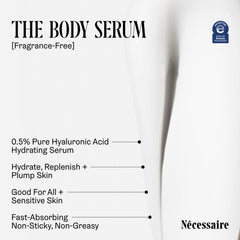 Nécessaire body serum texture close-up reveals fast-absorbing non-greasy feel.