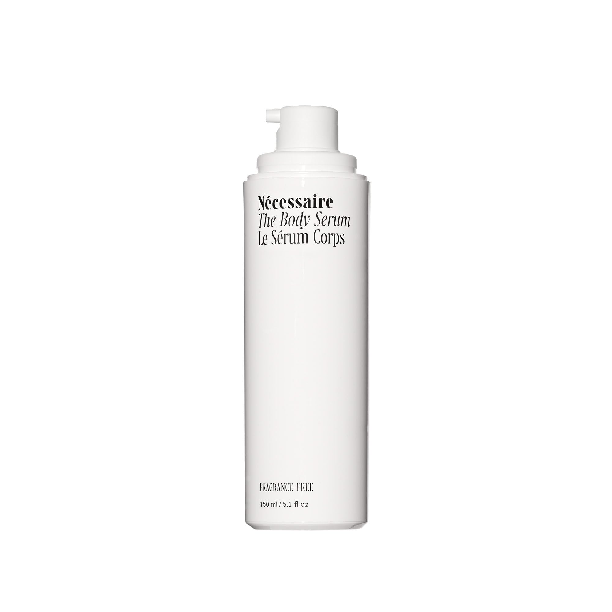 Nécessaire fragrance-free body serum bottle close-up for lightweight hydration.