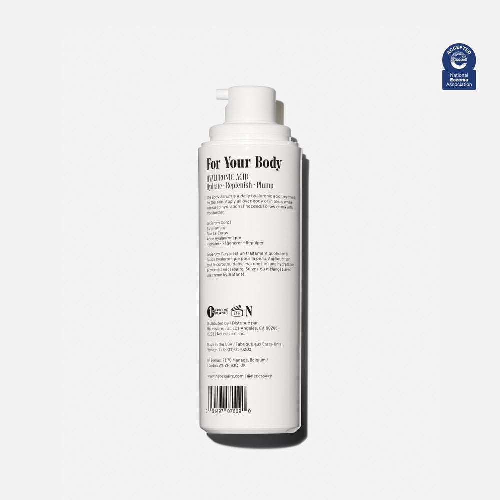 Nécessaire body serum hyaluronic acid five-weight blend visual for multi-level hydration.
