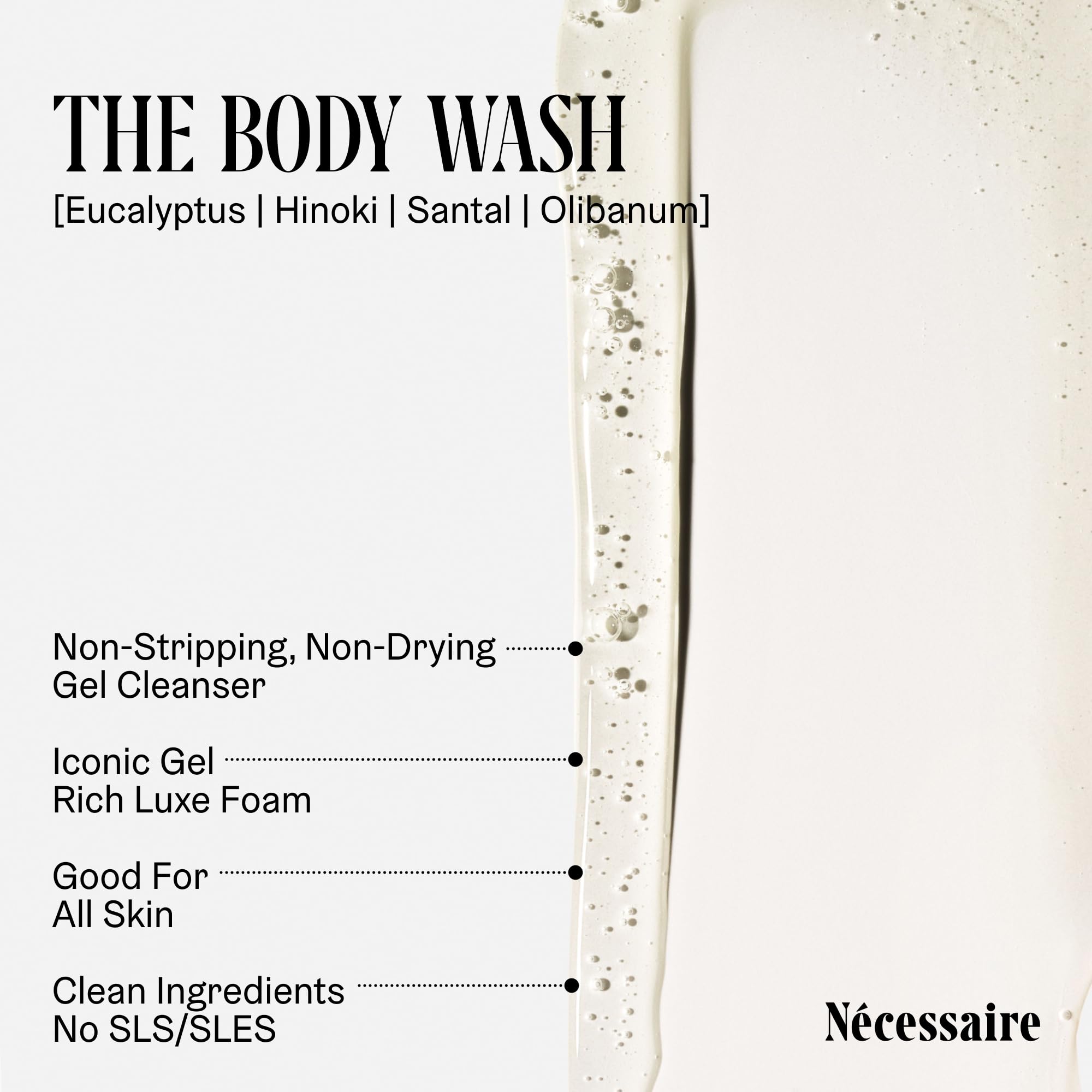 Nécessaire body wash formula label closeup shows vitamin-rich, niacinamide-enhanced cleansing.