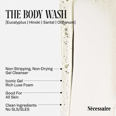 Nécessaire body wash formula label closeup shows vitamin-rich, niacinamide-enhanced cleansing.