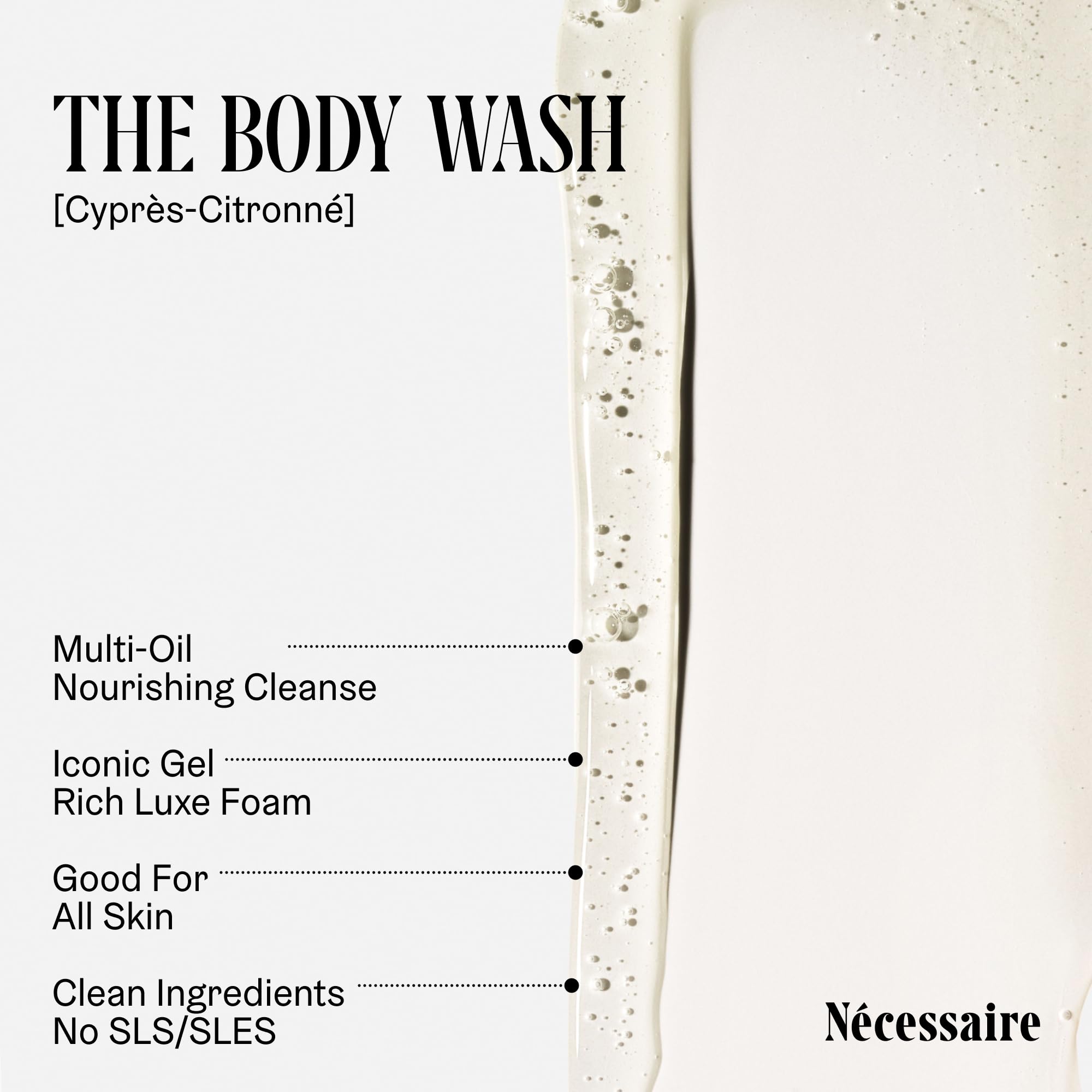 Nécessaire bottle shown with plant-based surfactants for mild cleansing.