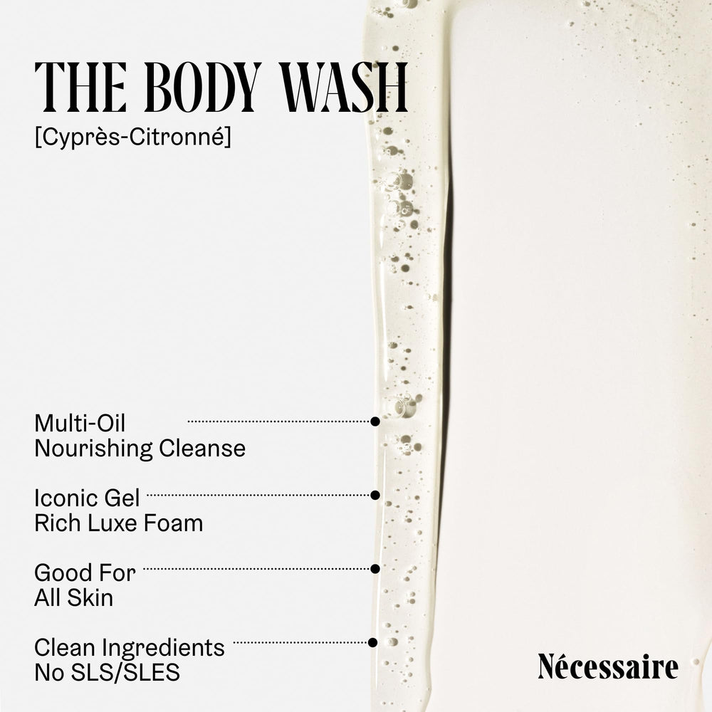 Nécessaire bottle shown with plant-based surfactants for mild cleansing.