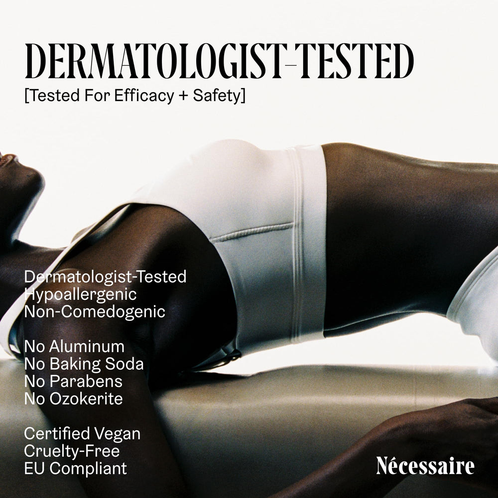 Nécessaire fragrance-free ingredients panel highlights mandelic acid and actives.