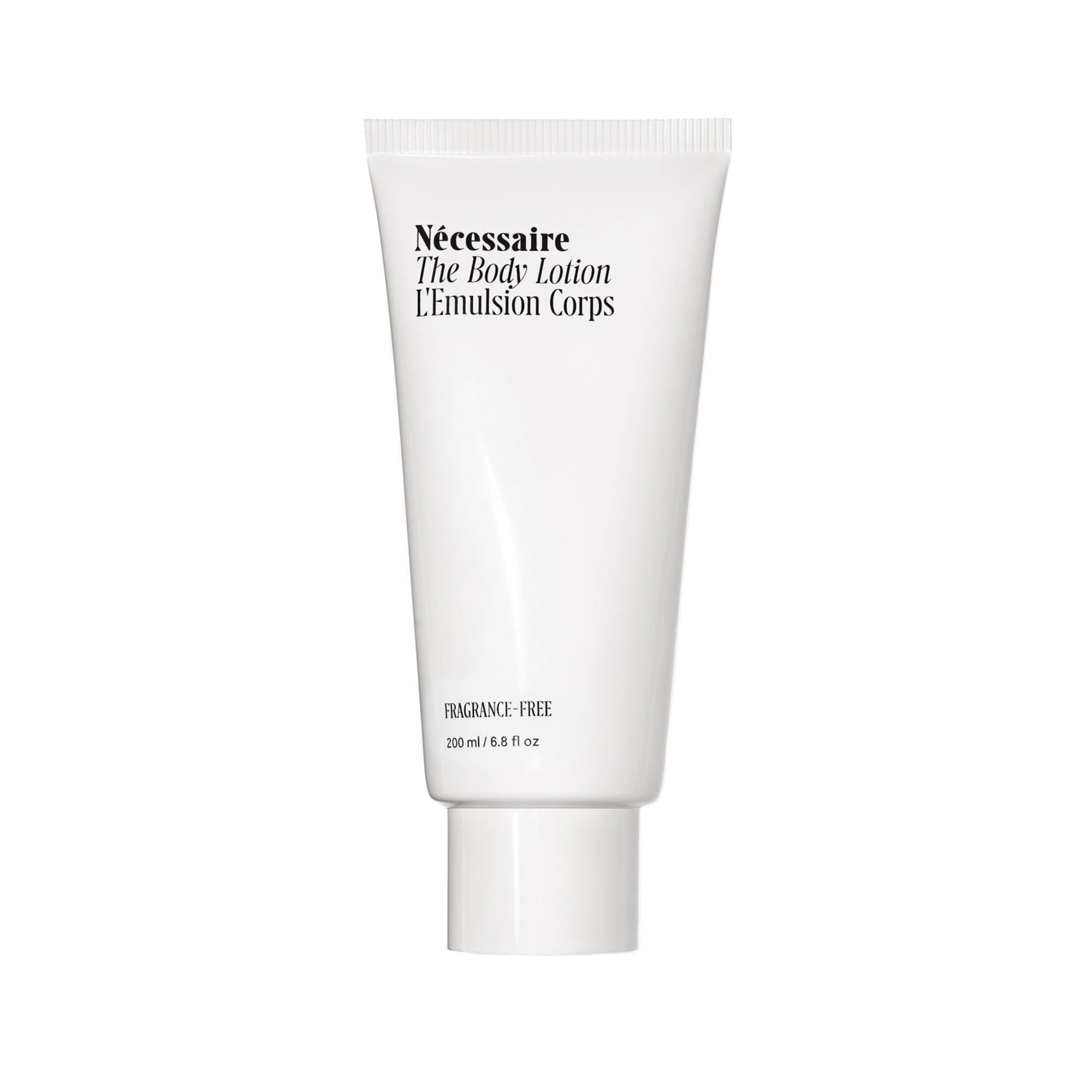 Nécessaire fragrance-free body lotion bottle shows fragrance-free formula for sensitive skin.