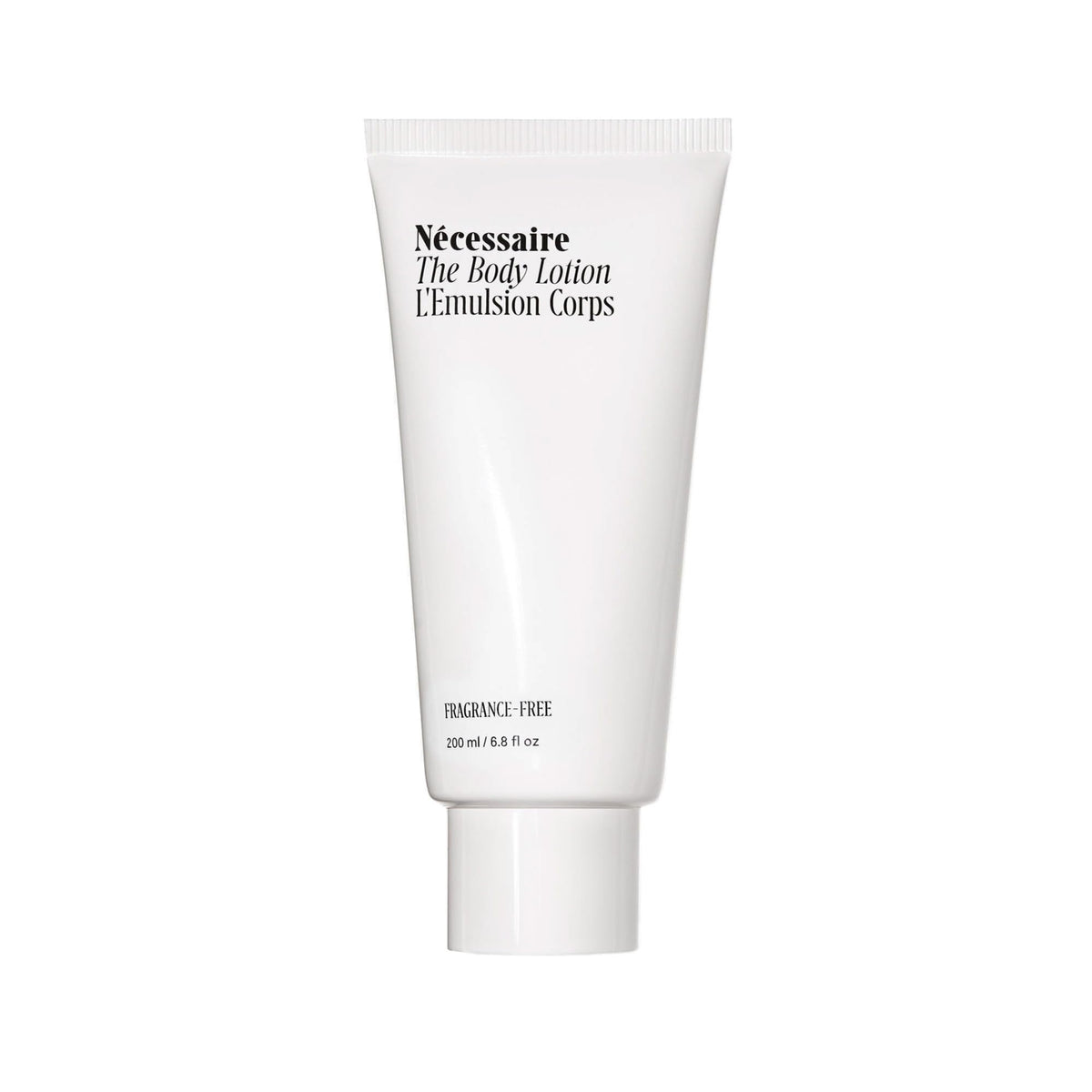Nécessaire fragrance-free body lotion bottle shows fragrance-free formula for sensitive skin.
