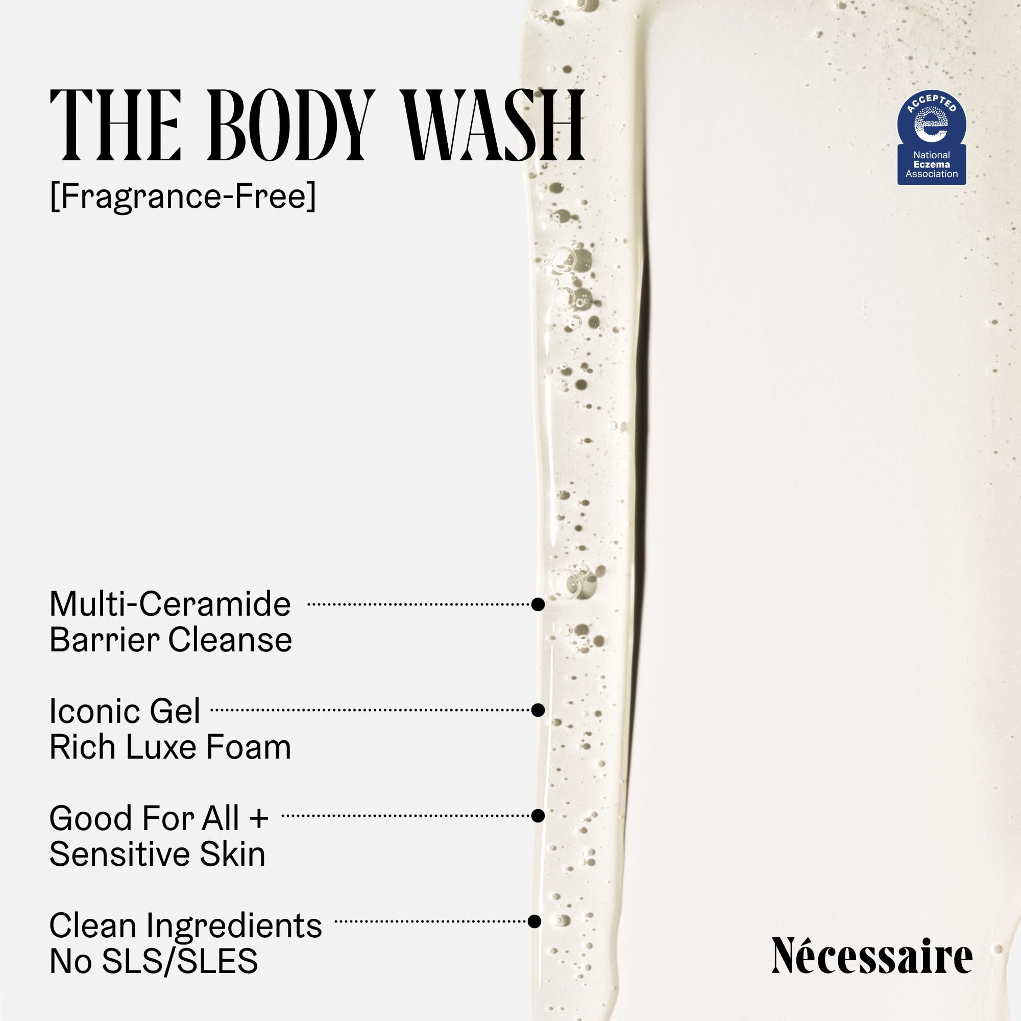 Nécessaire fragrance-free body wash in a clean bathroom scene