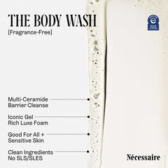 Nécessaire fragrance-free body wash in a clean bathroom scene