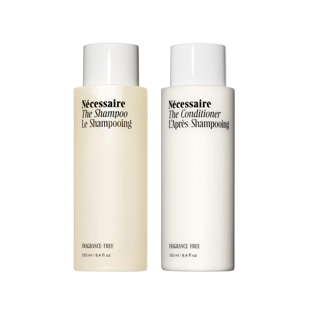 Nécessaire The Hair Duo shampoo bottle shows hydrating formula for a healthier scalp