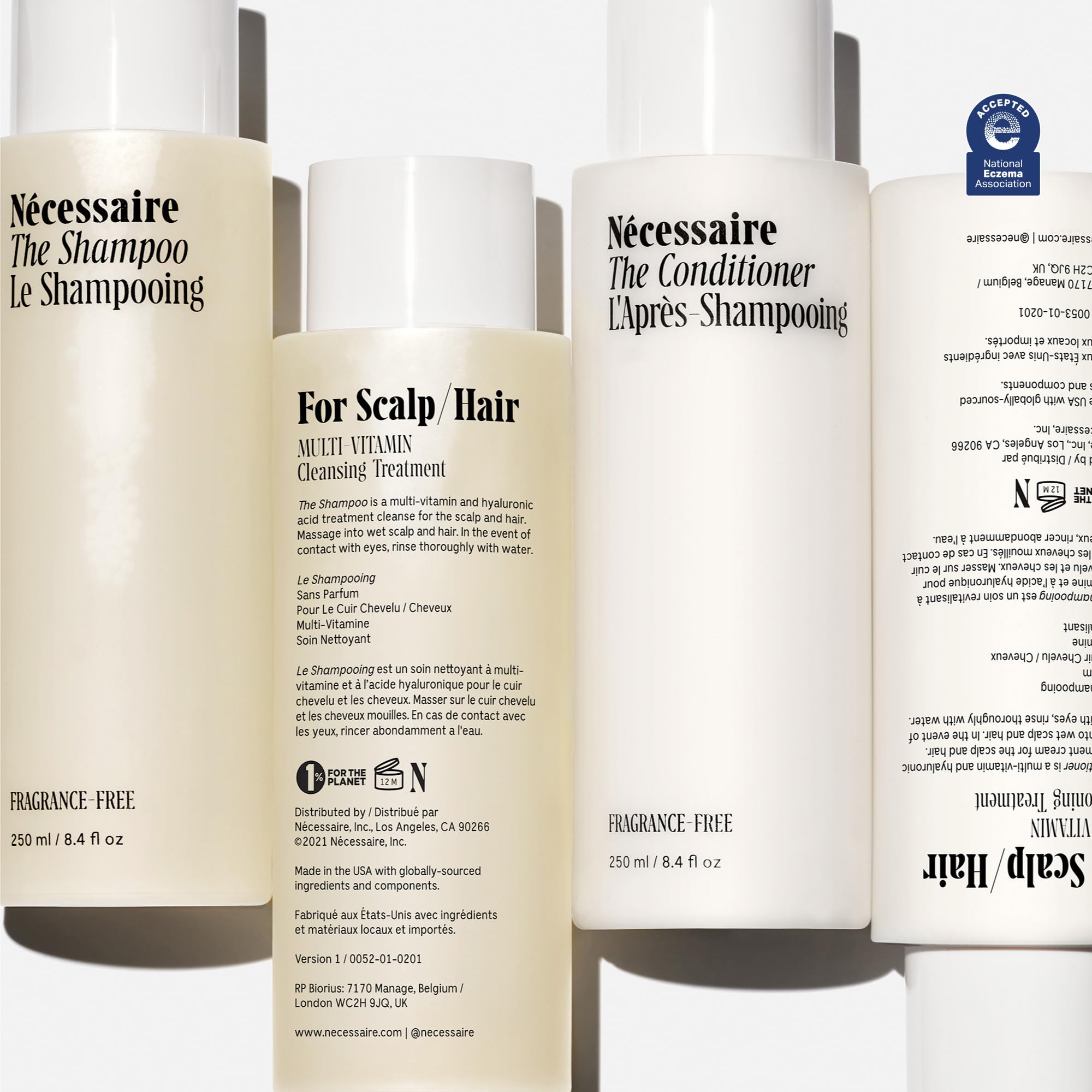 Nécessaire The Hair Duo shampoo label highlights fragrance-free design