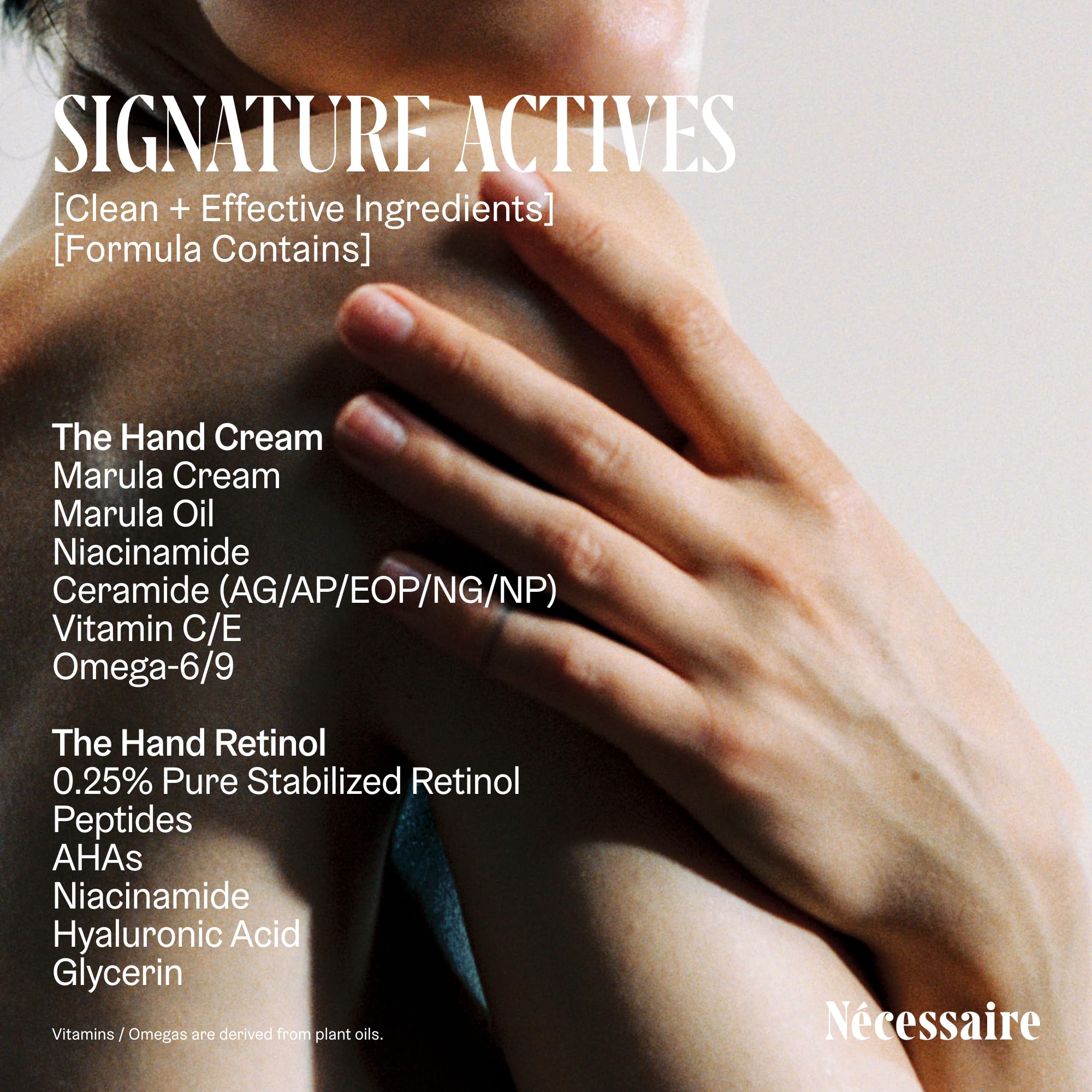 Nécessaire Hand Duo ingredient panel featuring ceramides and niacinamide.