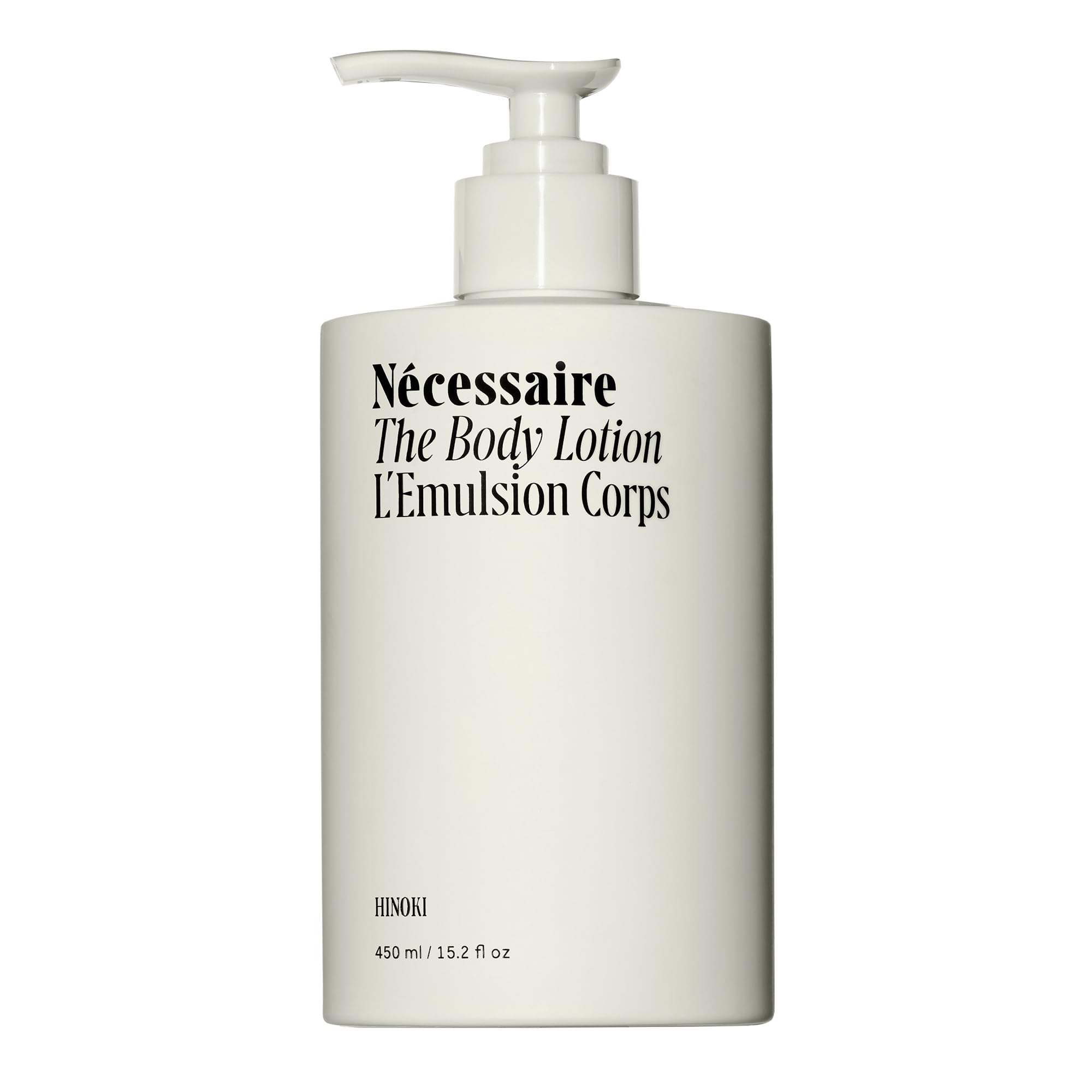Nécessaire Hinoki body lotion bottle for quick, non-greasy hydration.