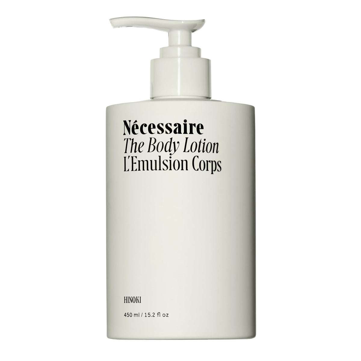 Nécessaire Hinoki body lotion bottle for quick, non-greasy hydration.