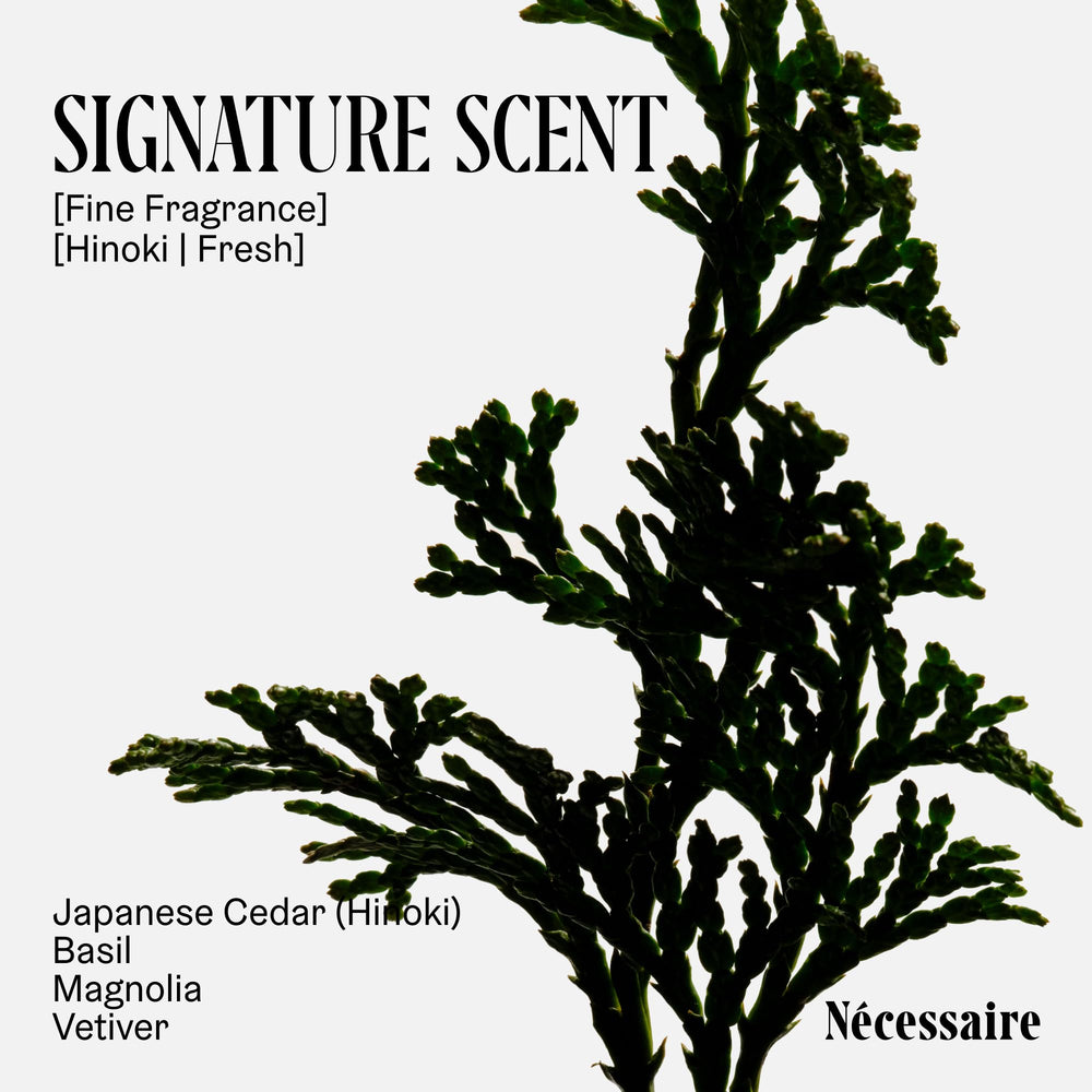 Dermatologist-tested label on Nécessaire Hinoki body lotion packaging.