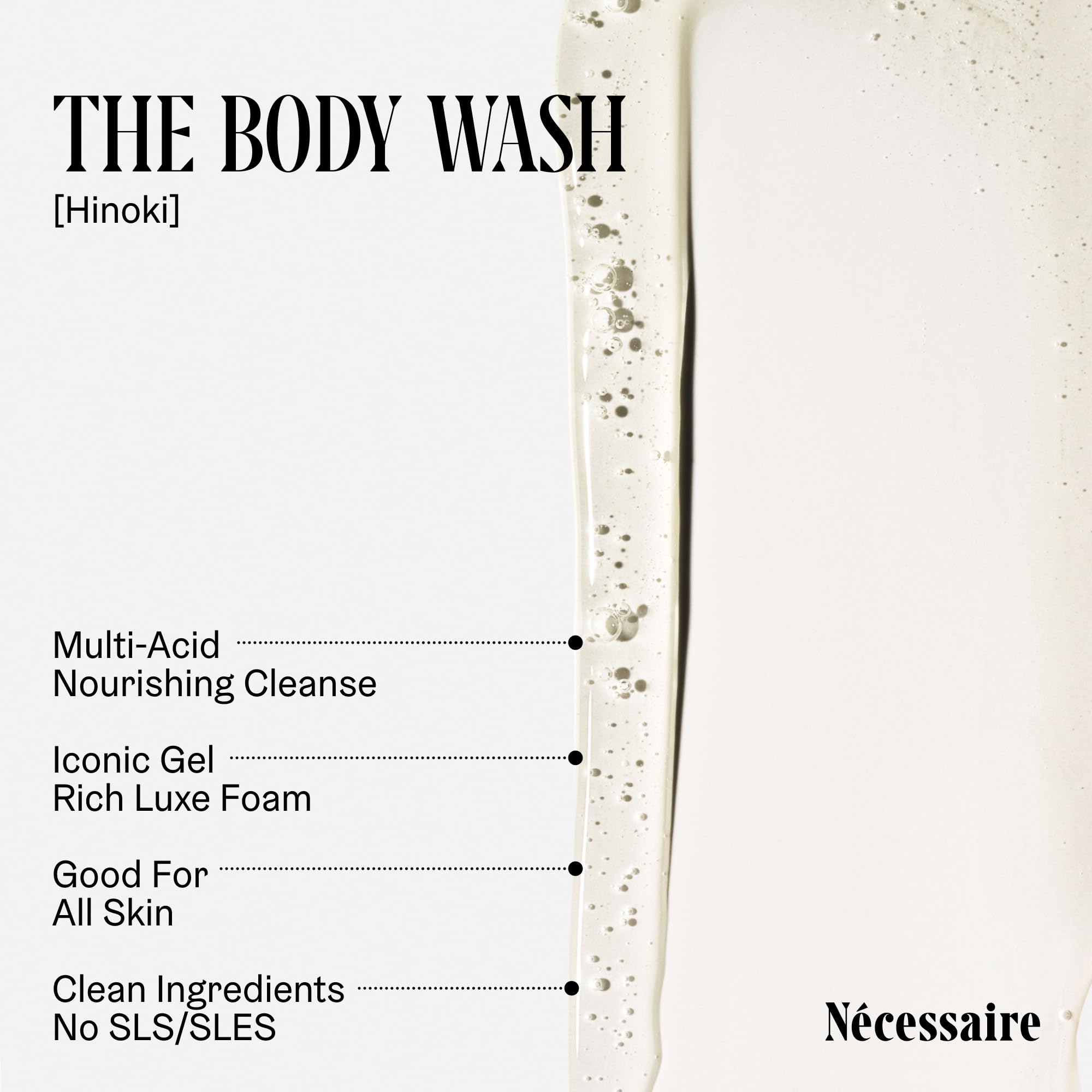 Ingredients label highlighting niacinamide in Nécessaire Hinoki body wash