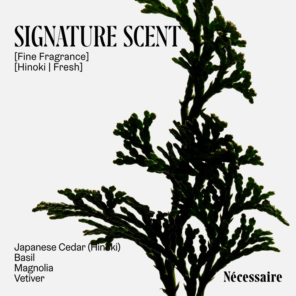 Nécessaire Hinoki deodorant bottle fragrance notes basil magnolia vetiver.