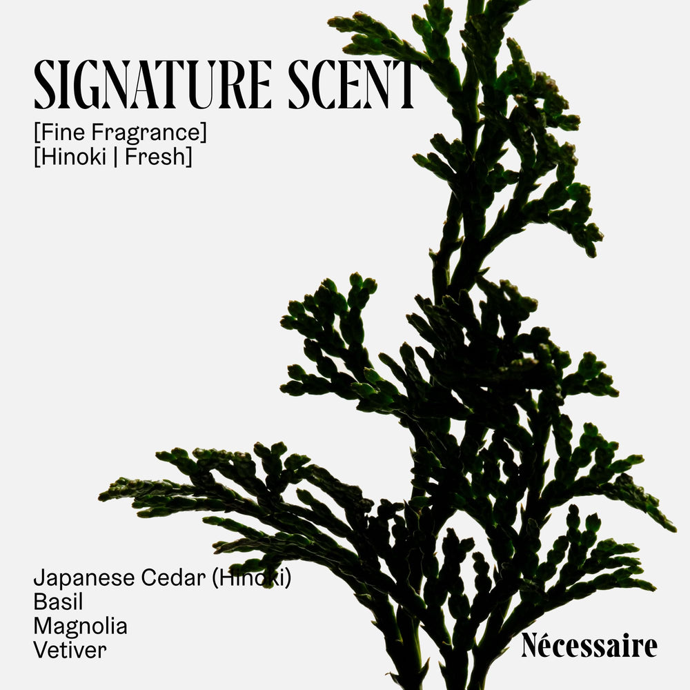 Fragrance notes of hinoki, basil, magnolia and vetiver in Nécessaire body wash