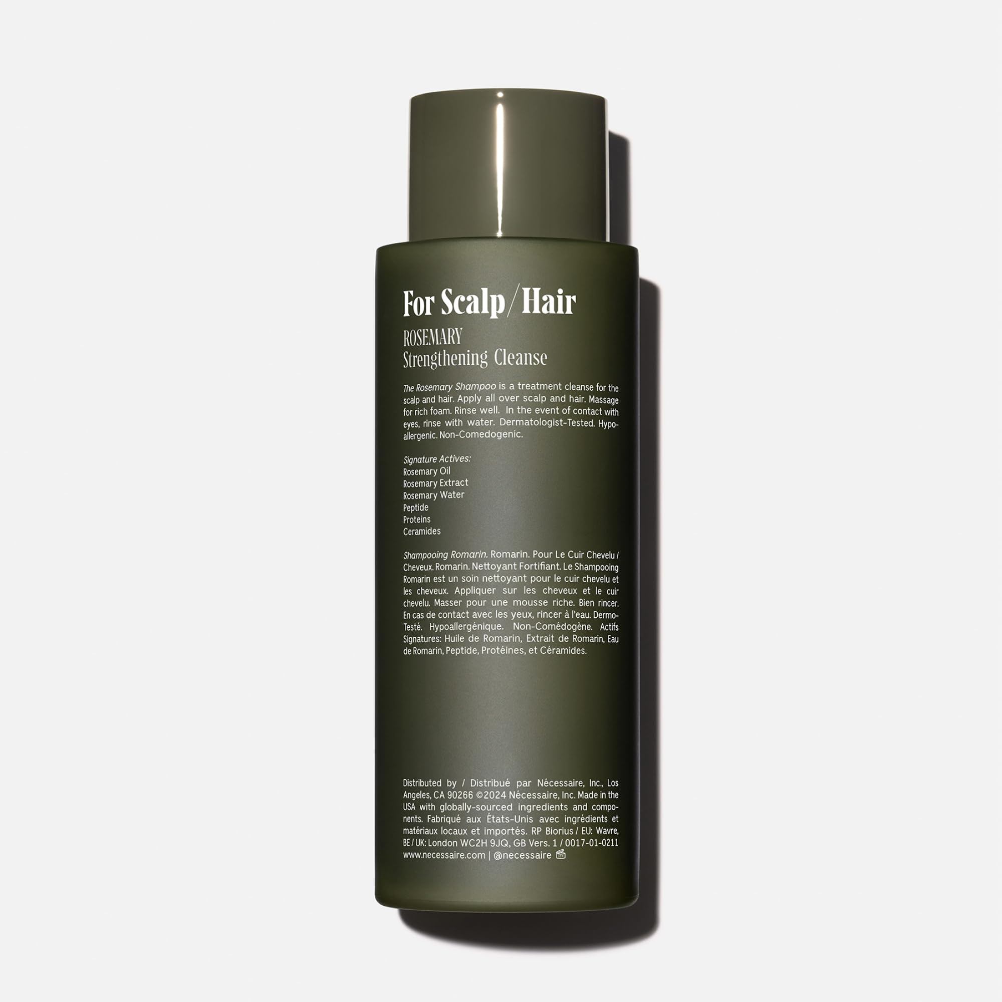 Nécessaire Rosemary Shampoo back label close-up noting dermatologist-tested formula.