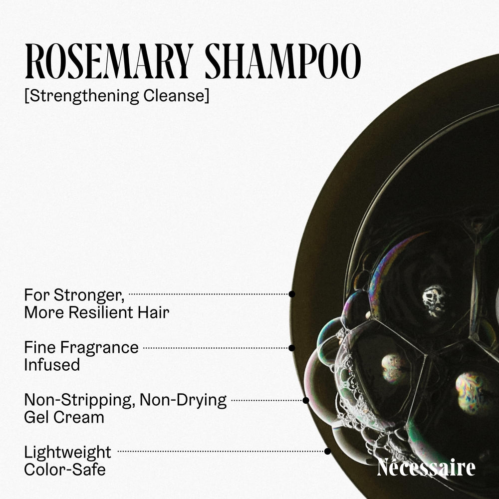 Nécessaire Rosemary Shampoo bottle on shelf highlights premium packaging.