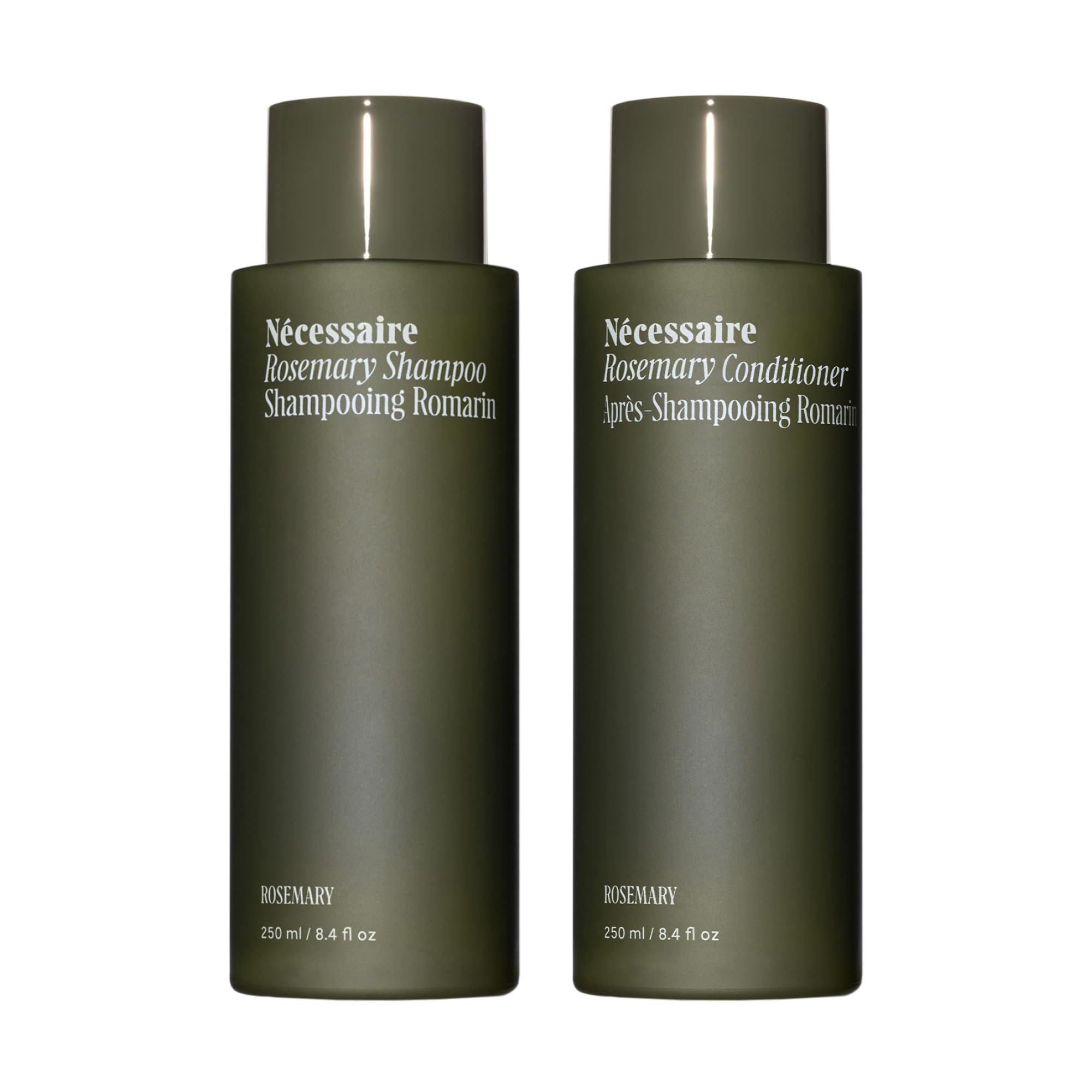 Nécessaire Rosemary Shampoo bottle shows the strengthening formula for thinning hair