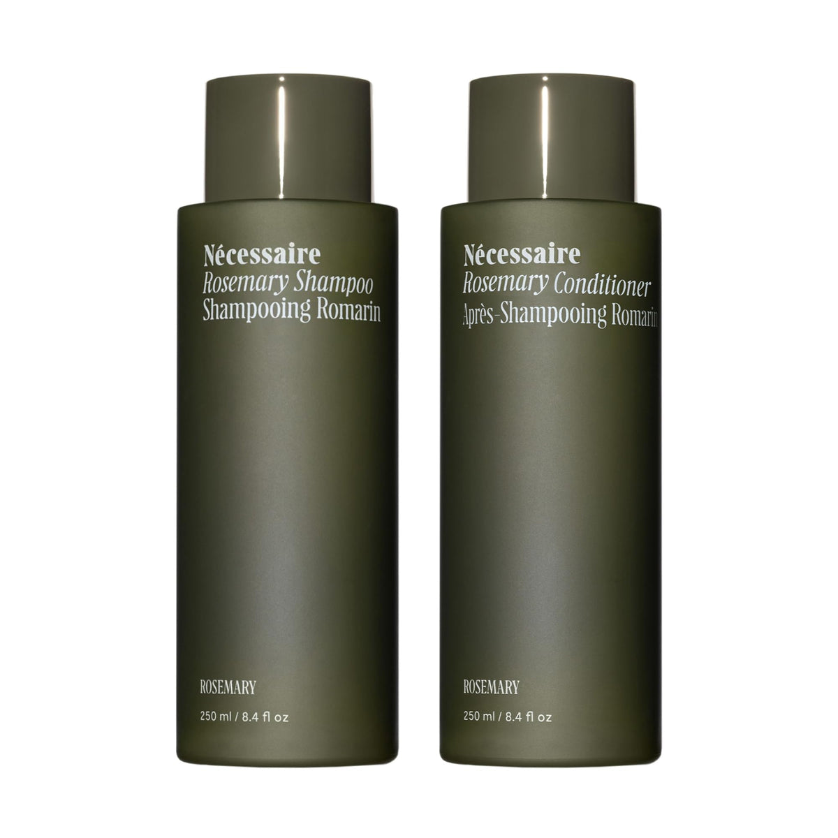 Nécessaire Rosemary Shampoo bottle shows the strengthening formula for thinning hair