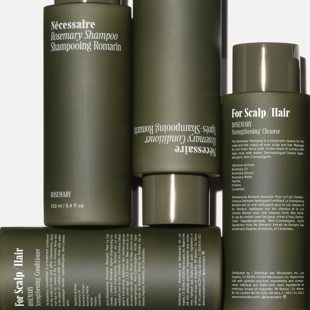 Nécessaire Rosemary Shampoo label highlights sulfate-free, color-safe, vegan certifications