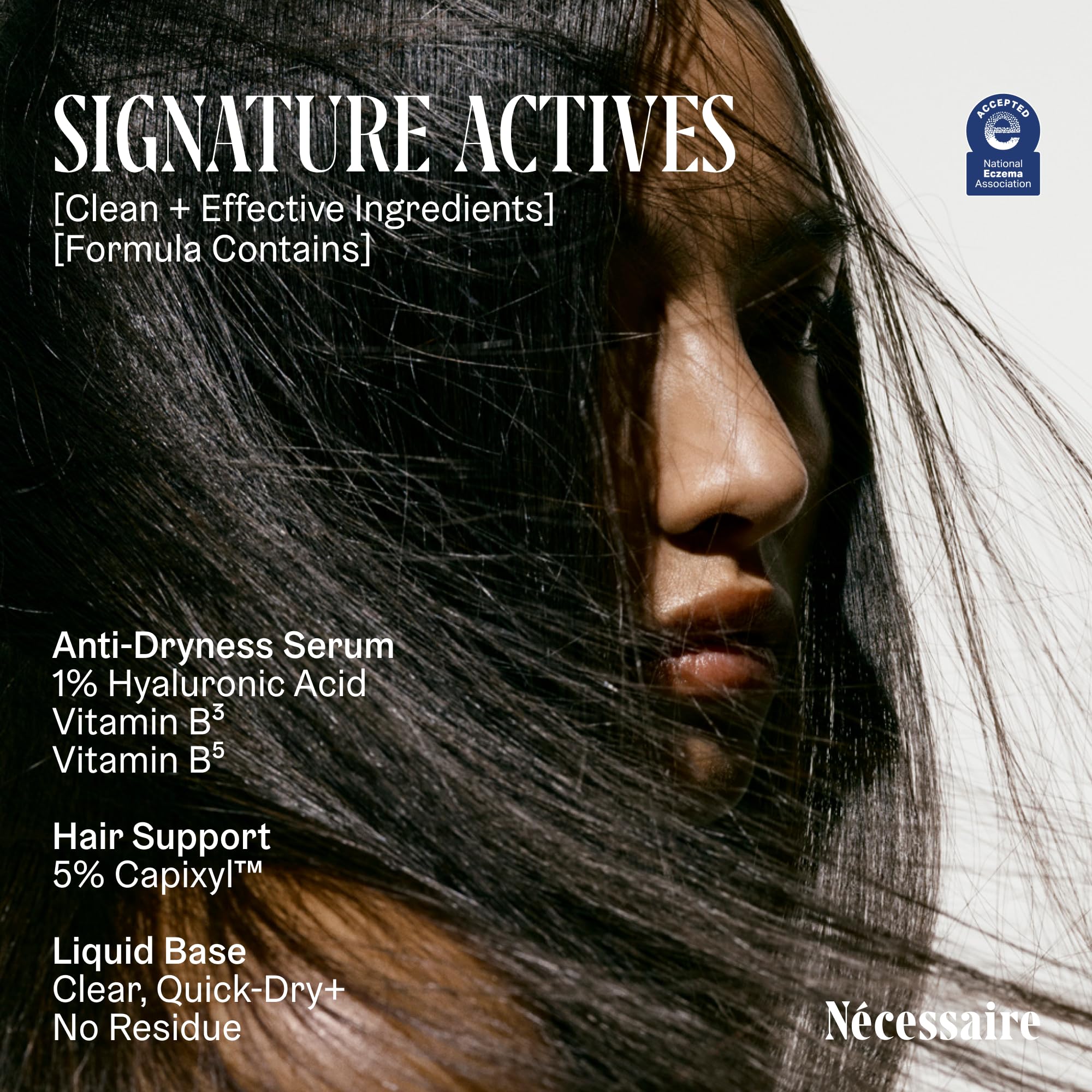 Nécessaire Scalp Serum applied to dry scalp for soothing hydration.