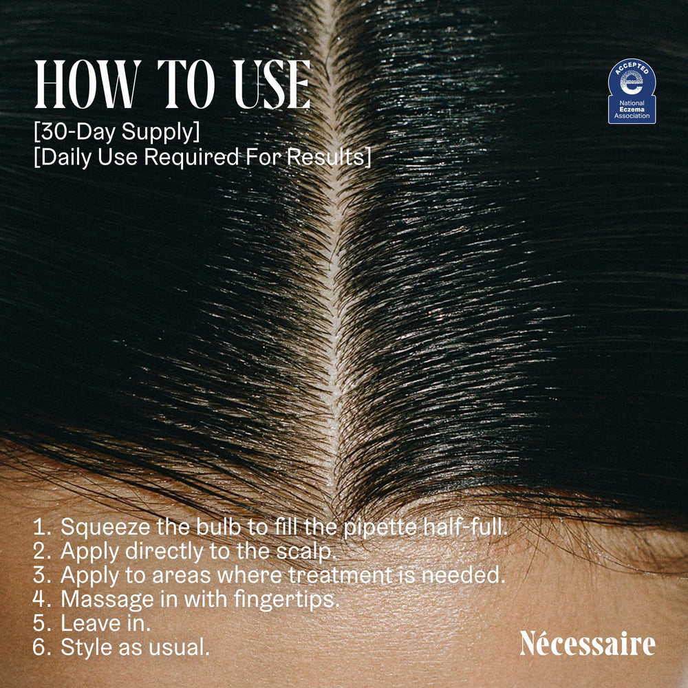 Nécessaire Scalp Serum glass bottle showcases recyclable packaging.
