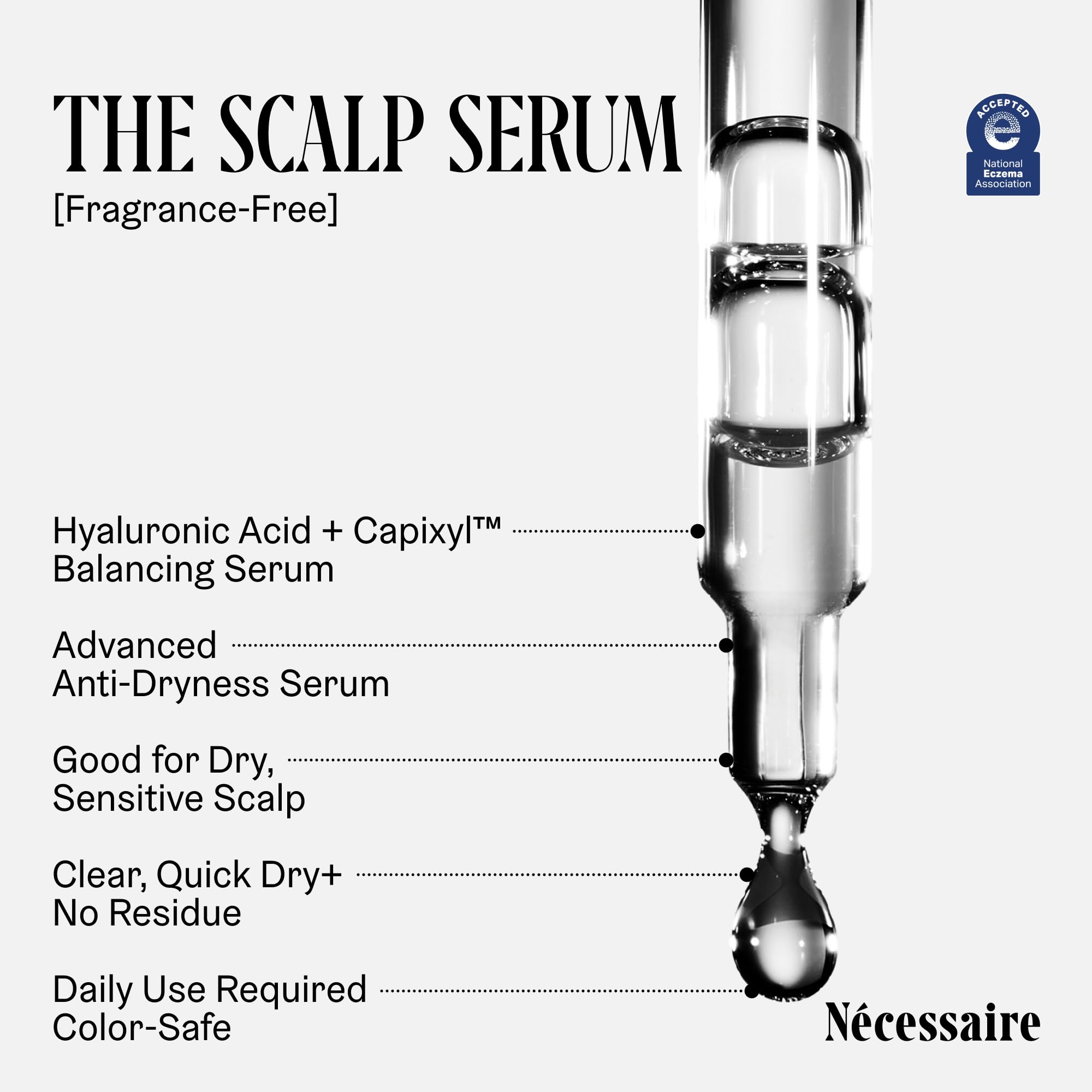 Nécessaire Scalp Serum label confirms fragrance-free, ideal for irritation-prone skin.
