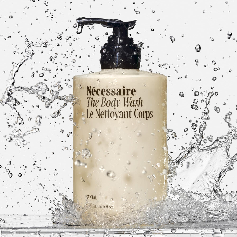 Nécessaire The Body Wash Santal mineral blend close-up emphasizes micro-mineral cleansing benefits