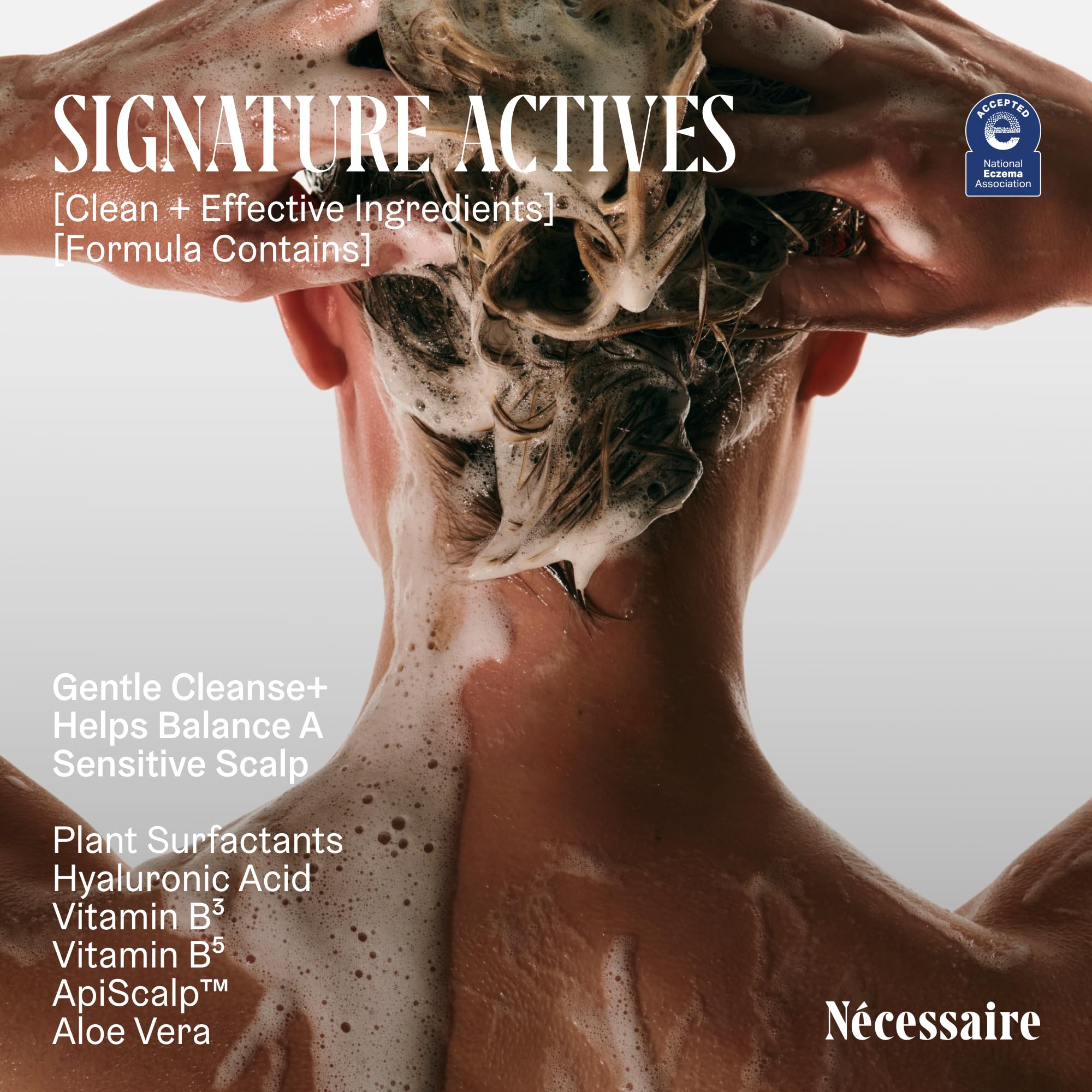 Nécessaire The Shampoo eczema-seal label offers reassurance for sensitive skin