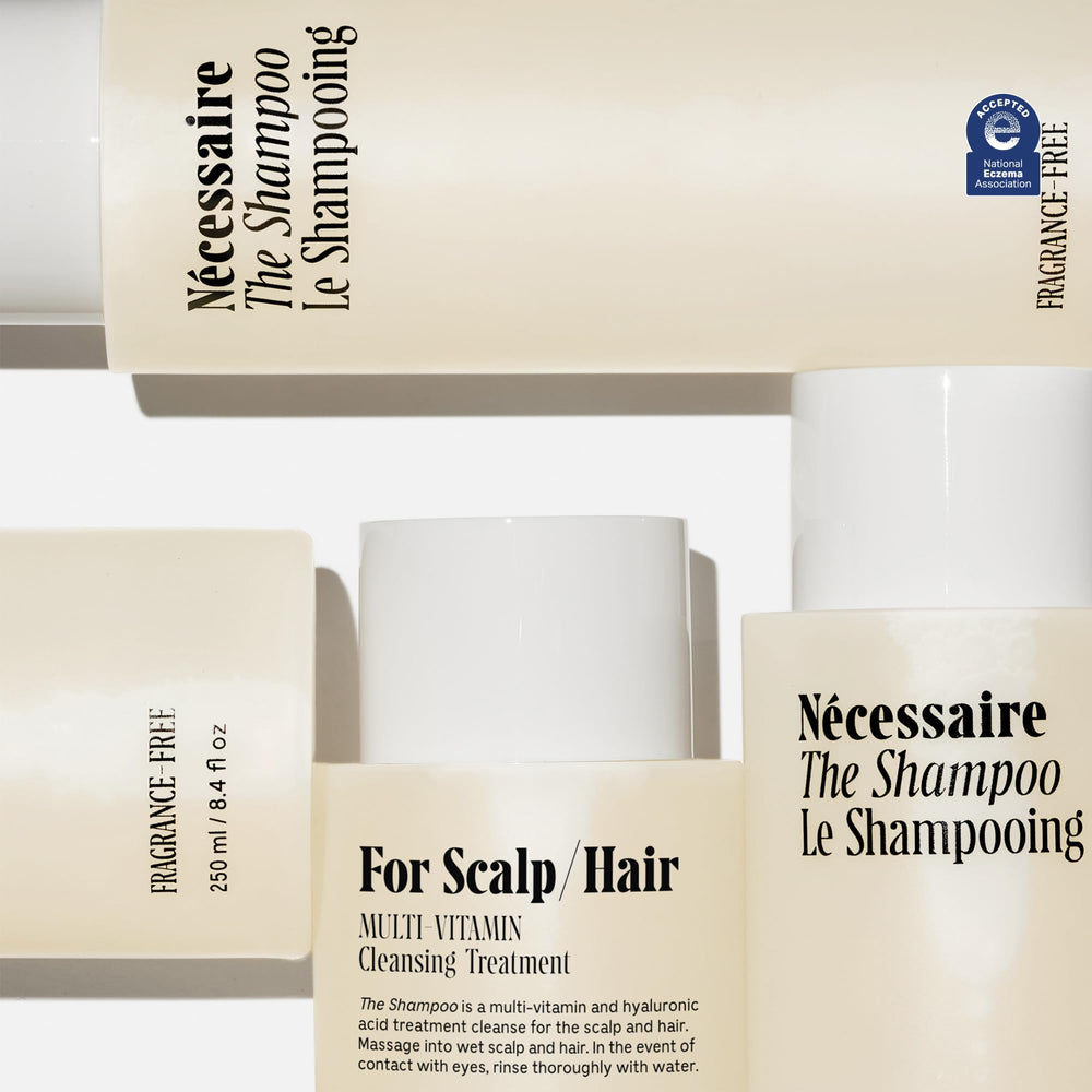 Nécessaire The Shampoo pump bottle highlights fragrance-free formula for sensitive scalps