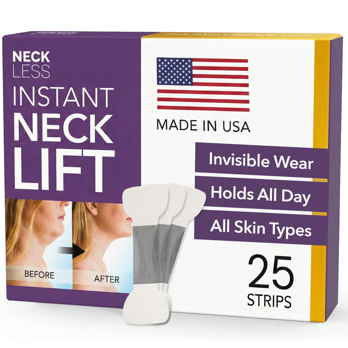 NECK LESS packaging box showing at-home face lift strips for easy use