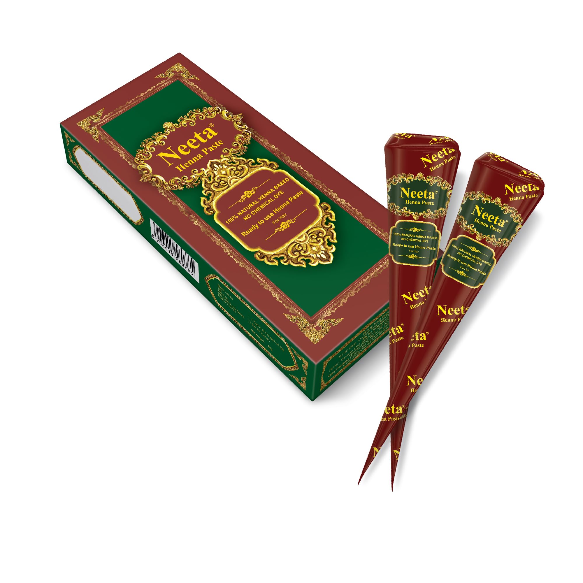 Neeta henna cones pack side view, compact at-home dye option.