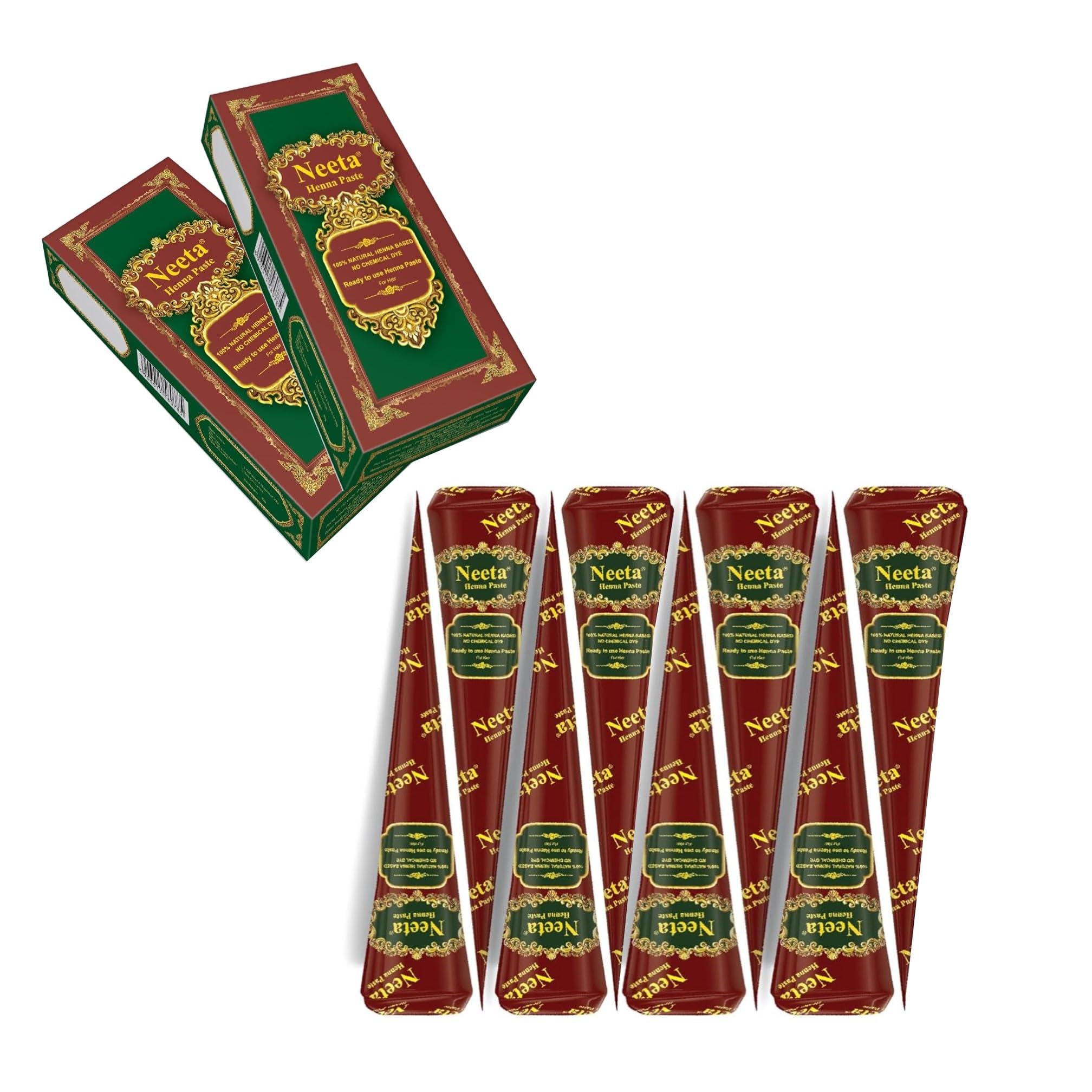 Neeta 8-pack henna paste cones for chemical-free color touch-ups.