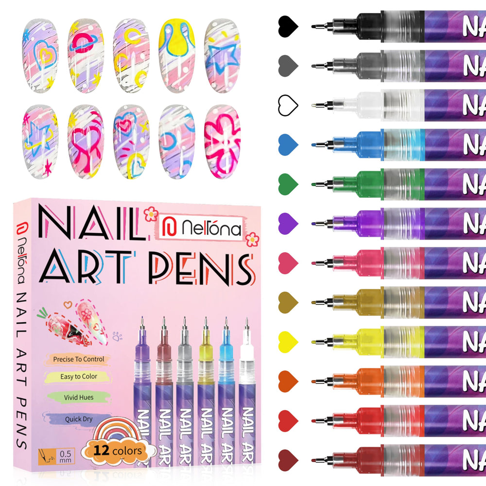 Nelrona 12-color nail art pens set displayed for versatile DIY designs.